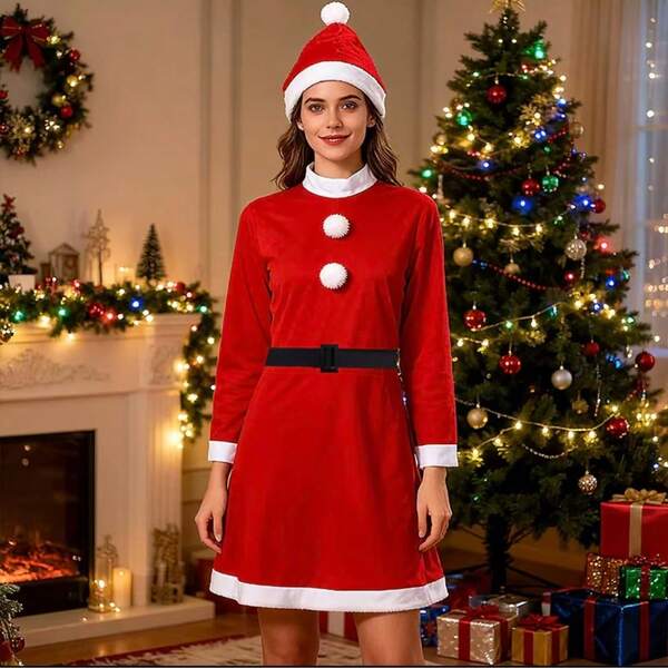 3 pièces Costume de Noël, Costume du Père Noël, Robe de fête, Costume de représentation, Costume de Noël pour femme, Costume de festival, Costume de saison, Père Noël classique, Costume rétro, Couture de haute qualité