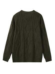 FOR BEAUTY 秋冬新款圆领扭结印花长袖针织衫，女士宽松苔藓绿简约通勤风套头衫，休闲舒适保暖上衣，新年 - 墨綠色 - 查看 6