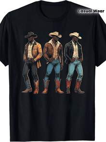 [Durable] Camiseta de algodón negra para hombres con estampado de vaquero occidental - Suave y cómoda, ideal para uso casual, camisetas occidentales - Negro - Ver 2