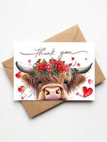 1pc Highland Cow Valentine's Day Thank You Card With Envelope, Cute Scottish Cow Design, Blank Greeting Card For Anniversaries, Weddings & Friendship, Valentine's Gift For Partner, Him, Her And Cow Lovers