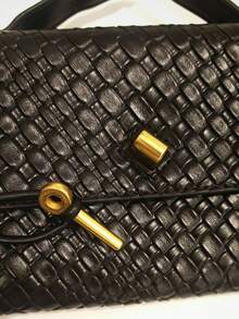 1个PU皮革女士手提包，鳄鱼纹压花小方包，锁扣手拿包，横纹石纹法棍包，复古小巧斜挎单肩包，休闲通勤迷你包（纹理随机） - 黑色 - 查看 7