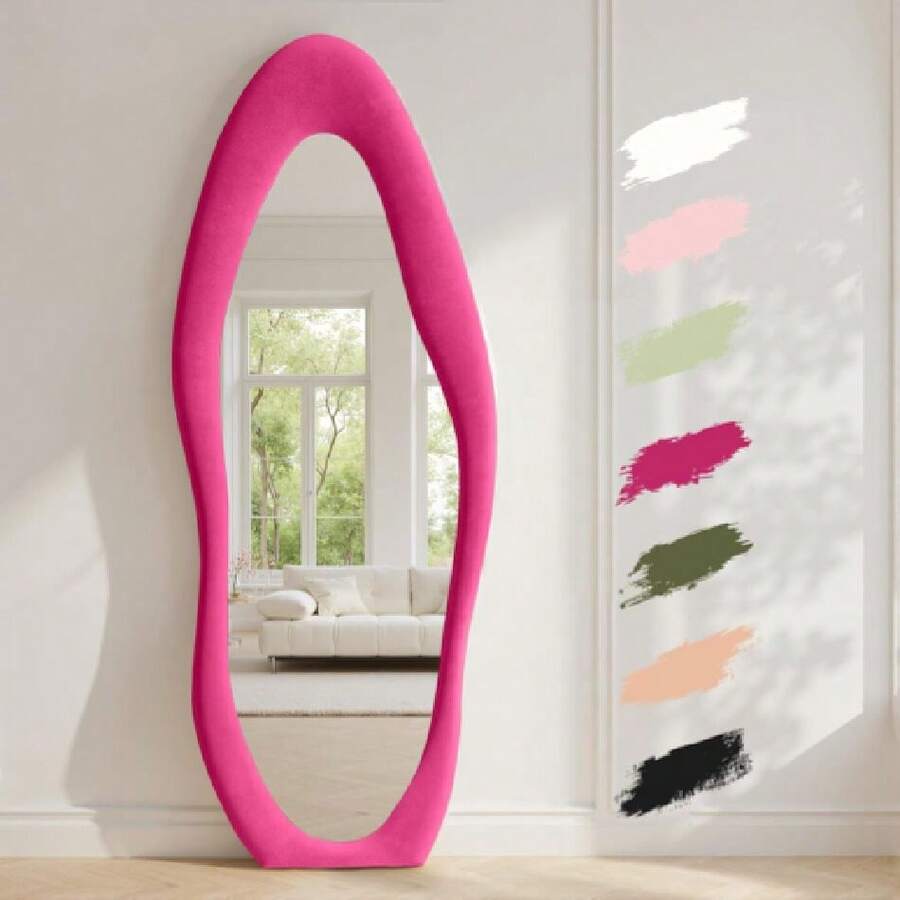 Full Length Mirror 63"X24" Irregular Full Body Wall Mounted Floor Mirror With Stand Pink Flannel Frame Leaning Hanging Wall Mirror For Bedroom Entrance,24331206,2-In-1 Leaning Wall Mirror ,Bedroom Floor Standing Mirror - 玫紅色 - 查看 1
