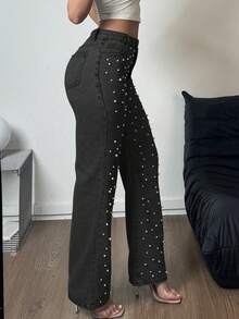 女式中腰直筒牛仔裤 - 珍珠装饰经典水洗牛仔裤 - 黑色 - 查看 4