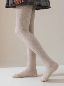 1/2pcs Girls Leggings, Solid Colors Khaki, Apricot, Beige, Gray, Skinny, Vertical Stripes, School Style, Princess, Full Length Tights, Suitable For All Seasons, Autumn/Winter, Fashion & Versatile