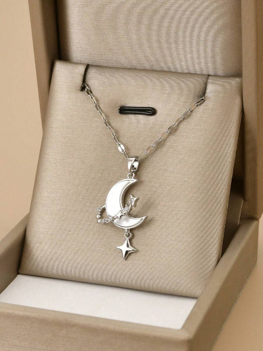 1 件可爱粉色月亮和蝴蝶不锈钢项链，银饰，女士银项链 - 銀色 - 查看 1