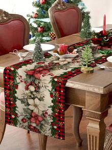 1pc Christmas Poinsettia Table Runner, Christmas Decor Table Runner, Christmas Linen-Like Table Runner, Table Runner, Table Runner, 1pc Table Runner, 4pcs Placemats, 1pc Pillow Cover, 3 Products Available, Seasonal Home Decor Indoor/Outdoor Party Supplies, Winter Home Decor, Christmas Decoration, Christmas Room Decor, Christmas Party Decoration