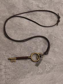 1 件男士天鵝絨繩索和幾何設計古董銀色鑰匙和皮革鏈項鍊