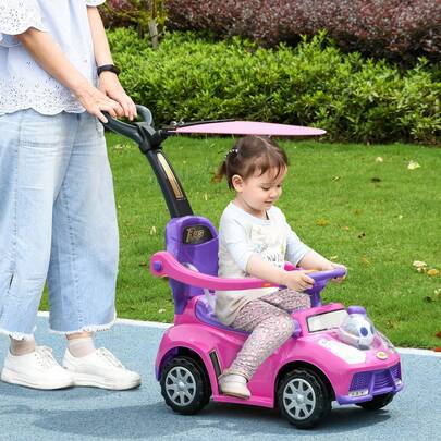 QABA Push Car, 3 In 1 Kids Ride On Car Toddler Sliding Car With Music, Light, Foot To Floor Baby Car With Handle, Removable Canopy, Safety Guardrail, Horn, Pink