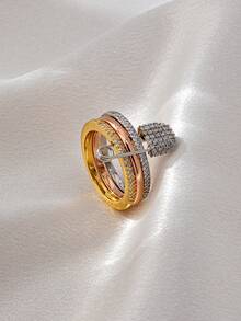 1 Pc Golden Color Cooper Zirconia Star Moon Design Ring Women Luxurious Crystal Ring Adjustable Free Size Band Rings Jewelry - 多色-2 - 查看 2