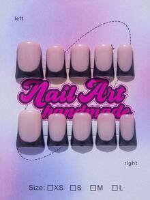 10片杏仁形长款按压式美甲贴片，哑光法式美甲，可重复使用的裸色和白色粉色美甲贴片套装，女士美甲用品 - 黑色 - 查看 1