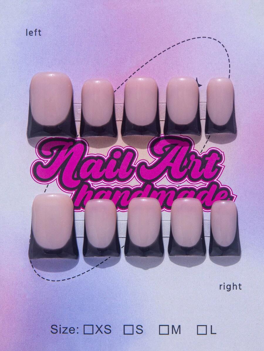 10片杏仁形长款按压式美甲贴片，哑光法式美甲，可重复使用的裸色和白色粉色美甲贴片套装，女士美甲用品 - 黑色 - 查看 1