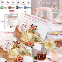 Cute Home Coffee Glass Creative 14Oz Large Capacity Tea Cup With Handle And Lid Office Heat Resistant Sakura Cup Water Glasses Coffee Cups Pink C 3 Piece Set - 粉紅C - 查看 1