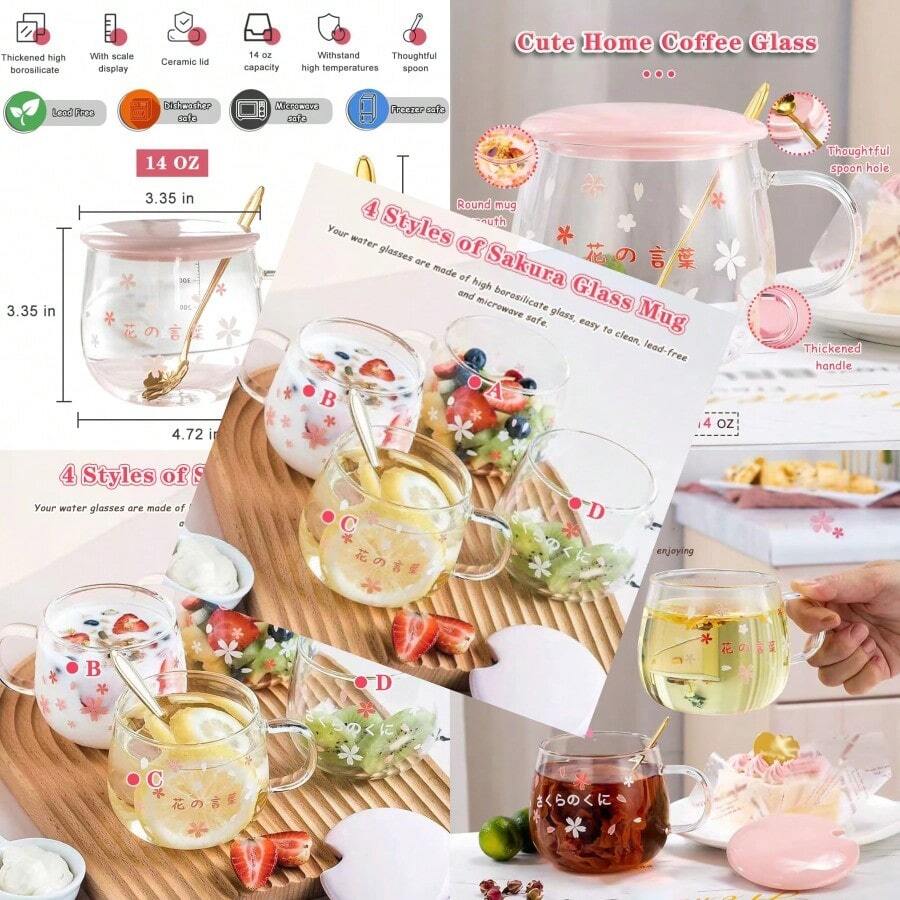 Cute Home Coffee Glass Creative 14Oz Large Capacity Tea Cup With Handle And Lid Office Heat Resistant Sakura Cup Water Glasses Coffee Cups Pink C 3 Piece Set - 粉紅C - 查看 1