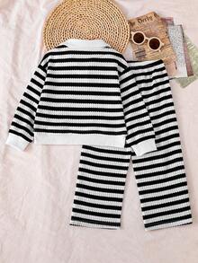 2pcs/Set Girls Young Kids Autumn/Winter Black & White Striped Heart Embroidery Polo Collar Long Sleeve Cropped Top & Striped Pants