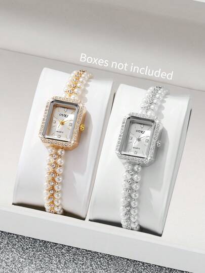 2pcs/Set Women's Gift Pearl Watch, Square Dial With Rhinestones, Fashion Casual Pearl & Rhinestone Quartz Bracelet Watch Combo (Watch Not Included)