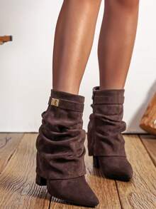 Slip-On Knee-High Boots With Chunky Heels, Minimalist And Versatile Pointed Toe, Women's Sexy Lady Rider Boots - 棕色 - 查看 2