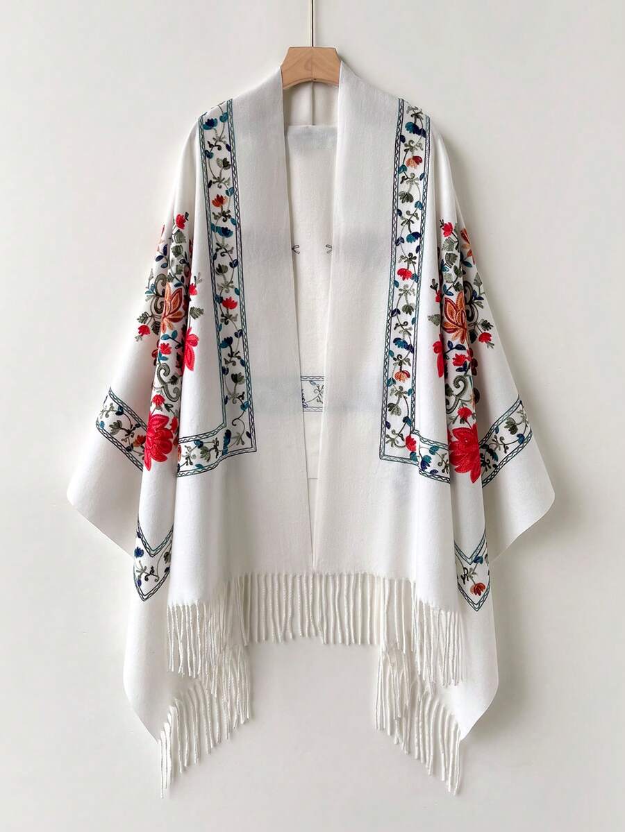 1 件女士秋冬仿羊绒刺绣围巾，厚实保暖流苏刺绣波西米亚风格旅行披肩斗篷 - 白色 - 查看 1