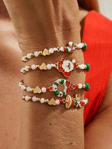 4 piezas Pulsera ajustable con cuentas de reno y Papá Noel de estilo navideño, set de accesorios minimalistas con campana y corona, decoración navideña