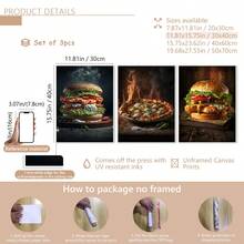 Set de 3 carteles de lienzo creativos sin marco, pintura de hamburguesa y pizza, pintura de lienzo, obra de arte de pared, adecuada para decoración del hogar, decoración de habitación, decoración de dormitorio, decoración de sala de estar, decoración de cocina, decoración de pared, arte de pared opcional con marco