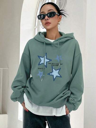 2025 Nowa jesienno-zimowa damska bluza z długim rękawem i kapturem, gruba, polarowa, z nadrukiem w gwiazdy, luźny krój, niezbędny do codziennego noszenia na mieście, supermiękka w dotyku i idealna do noszenia warstwowego, zapewniająca komfort w chłodne dni