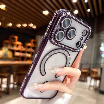 Fashionable Electroplated Rhinestone Transparent Phone Case Compatible With Apple 17 Pro Max, 17 Pro, 17 Air, 17, As Well As Apple 16, 15, 14, 13, A12, 11 Pro Max Plus, Supports Wireless Charging, Durable Anti-Drop, Crystal Rhinestone Design, Long-Lasting, Essential For Fashion Lovers, Ideal Choice For Apple Users, Supports 17 Pro Max And Magsafe Functions.