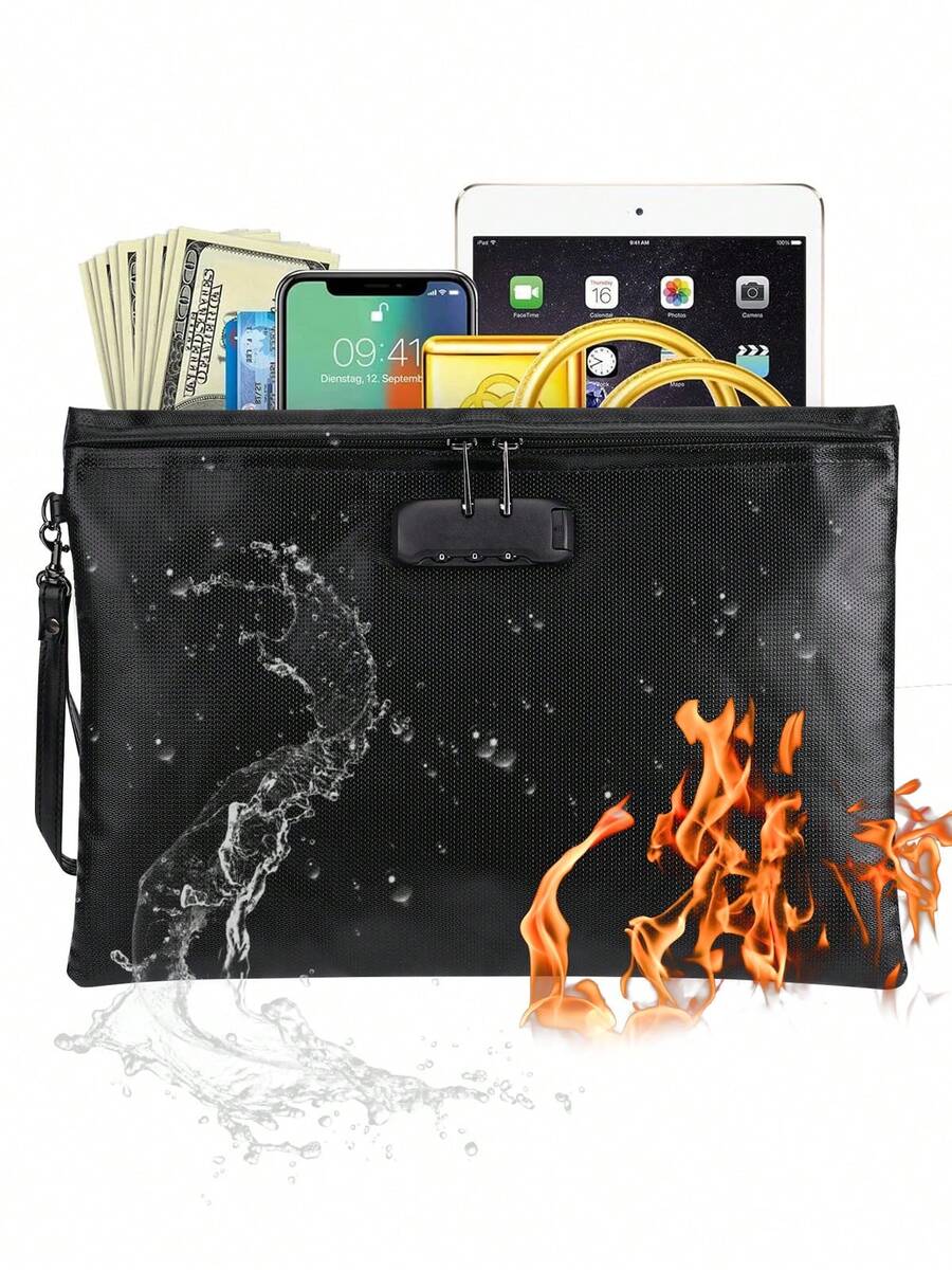 Fireproof Document Bag With Lock Fire Resistant Bag For Money Passport Portable Security Pouch Cash Certificates Valuables - Black - View 1