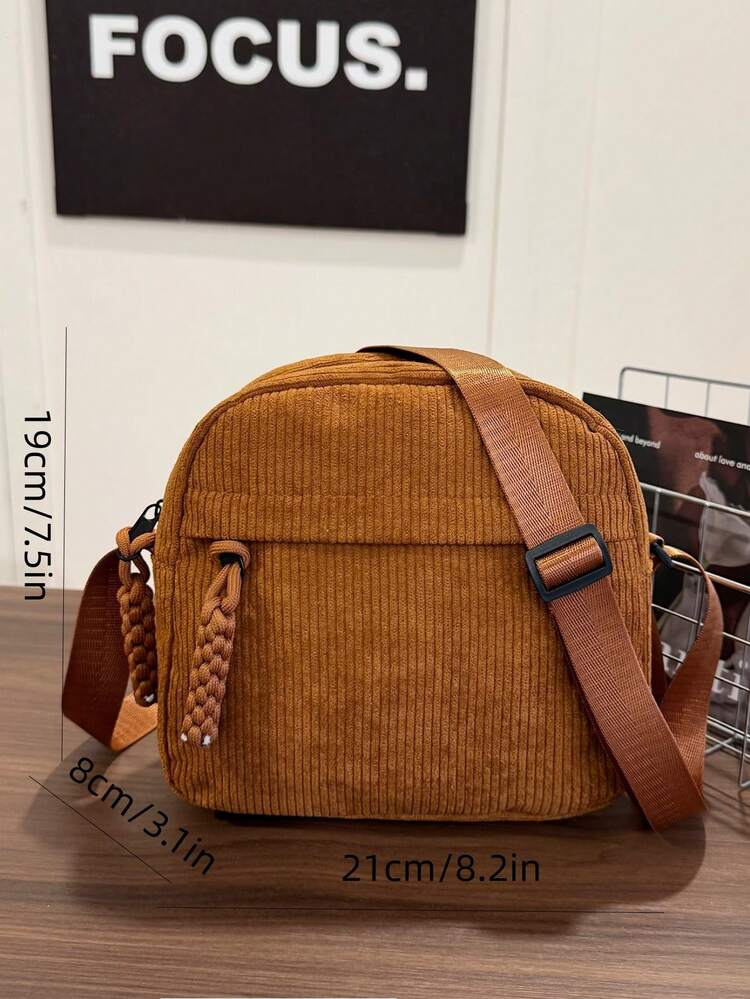 1 pieza Bolso de hombro de moda informal de niña joven de pana con cierre de cremallera, adecuado para uso diario - Bolso de pana - Añade 3