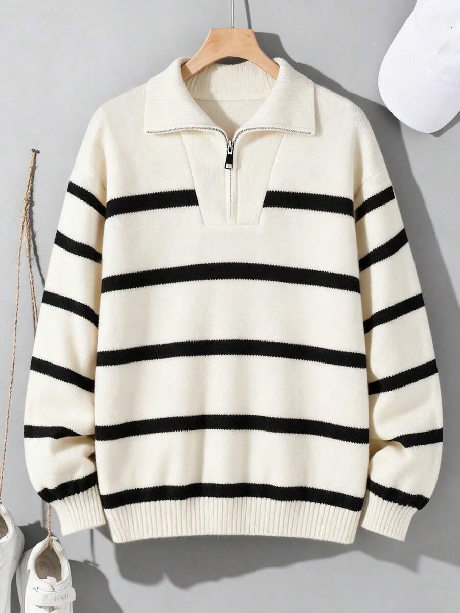 1pc Boys/Teens Classic Striped Collared Half-Zip Sweater - White - View 1