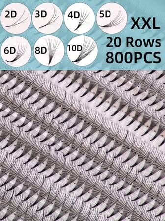 800片 20排 XXL托盘 蓬松3D 4D 5D 6D 8D 10D 2D 俄式浓密预制睫毛簇，超快速嫁接，窄而尖的纤细根部，进口韩国PBT纤维，超级黑亮柔软，C/D卷度，8-15mm预制睫毛簇，专业级