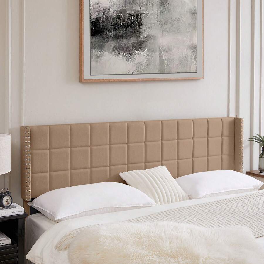 VECELO Adjustable Linen Queen Headboard With Wingback, Tufted Upholstered Design For King Or Queen Bed, Nailhead Trim,Beige - 米色 - 查看 1
