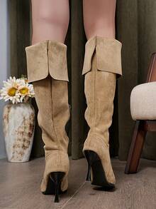 Women's Fashion Pointed Toe Solid Color Sexy Synthetic Pleated Zipper Side Slim Fit 3-Way Wear Party Autumn/Winter Over-The-Knee High Heel Boots - Khaki - View 4