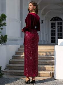 Volly Toych Elegant Burgundy V-Neck Velvet Sequin Maxi Dress, Long Sleeve, Waist Tie, Alluring Slit Design, Suitable For Formal Evening Events - Burgundy - View 2