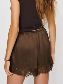 Women Pettipants  Shorts Lace Trim Satin Silk Bloomers Bottoms Elastic Waist Lace  Shorts - 棕色 - 查看 2