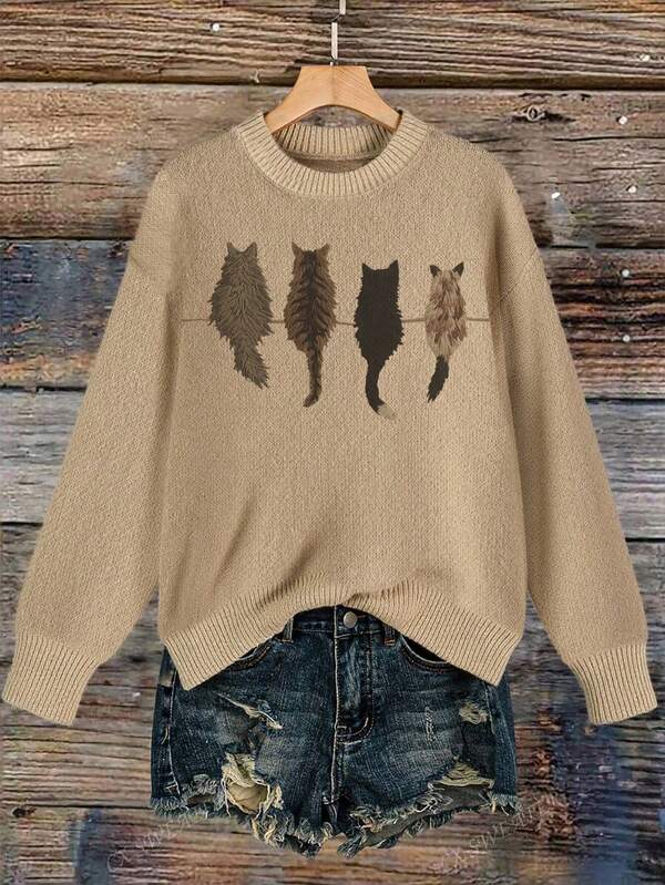 Casual Cat Pattern Drop Shoulder Sweater, Autumn/Winter