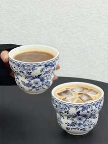 1pc精美青花瓷咖啡杯 小众青花陶瓷杯 特色饮品/冷饮杯 早餐奶杯 客杯 适用于居家 餐厅 咖啡厅 甜品店 聚会 派对 返校 - 藍色 - 查看 5
