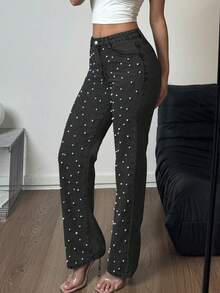 女式中腰直筒牛仔裤 - 珍珠装饰经典水洗牛仔裤 - 黑色 - 查看 3