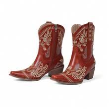 Embroidery Floral Women Western Boots Chunky Heel Cowgirl Cowboy Ankle Shoes Retro Vintage Comfy Stitched Ridding Shoes - 紅色 - 查看 14