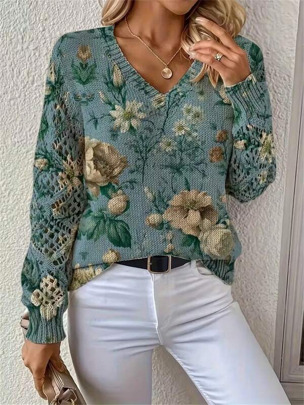 Elegant Floral Print V-Neck Long Sleeve Sweater, Versatile Bohemian Style Top For Spring, Summer, Autumn, Winter, Fashionable Knitted Pullover For Office, Street, Home, Travel