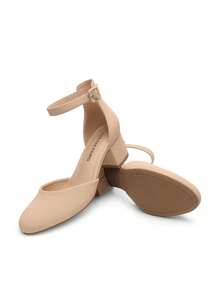 Women's Closed Round Toe Low Block Heels Ankle Strap Chunky Heel Pumps Dress Wedding Office Party Shoes - Apricot - View 8