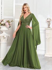 CEILIM 奢华花卉串珠亮片长款连衣裙，超长袖，腰部系带，优雅正式的派对礼服，适合婚礼宾客、毕业典礼和其他正式场合。 - 橄欖綠 - 查看 7