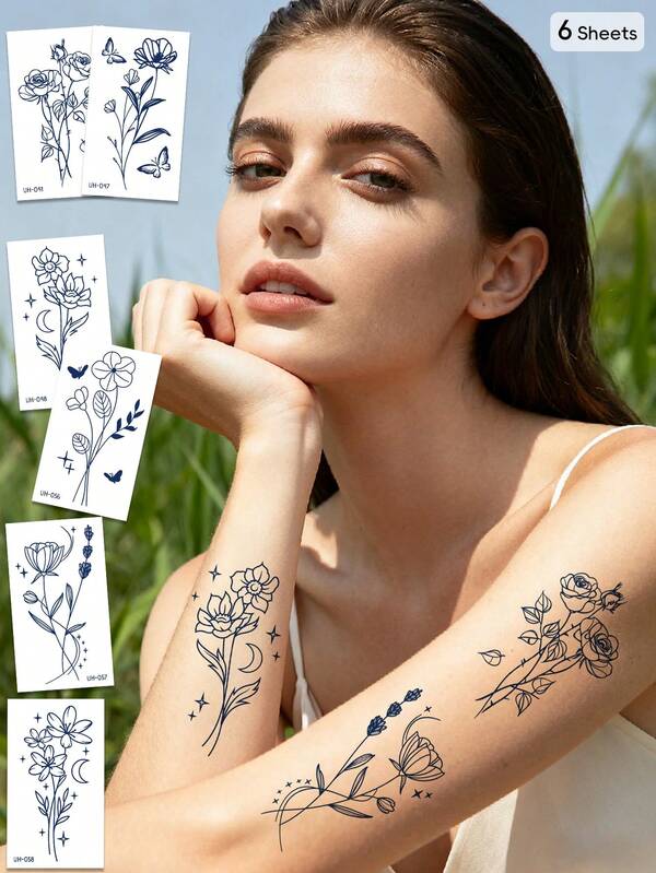 6 قطع من الوشم شبه الدائم من روكوارت، ملصقات وشم مؤقتة مقاومة للماء - تصميم حبر أزرق واقعي، وشم عشبي مقاوم للخدش، دائم لمدة 1-2 أسبوع، مثالي للذراعين والساقين وفن الجسم للوشم شبه الدائم