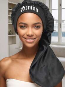 1件装真丝长帽，十二星座印花宽檐贴合长发帽 - 女士缎面睡眠帽，护发配件，柔软面料长帽，贴合帽型。睡眠帽 - 黑色-long bonnet-星座-1pc - 查看 20