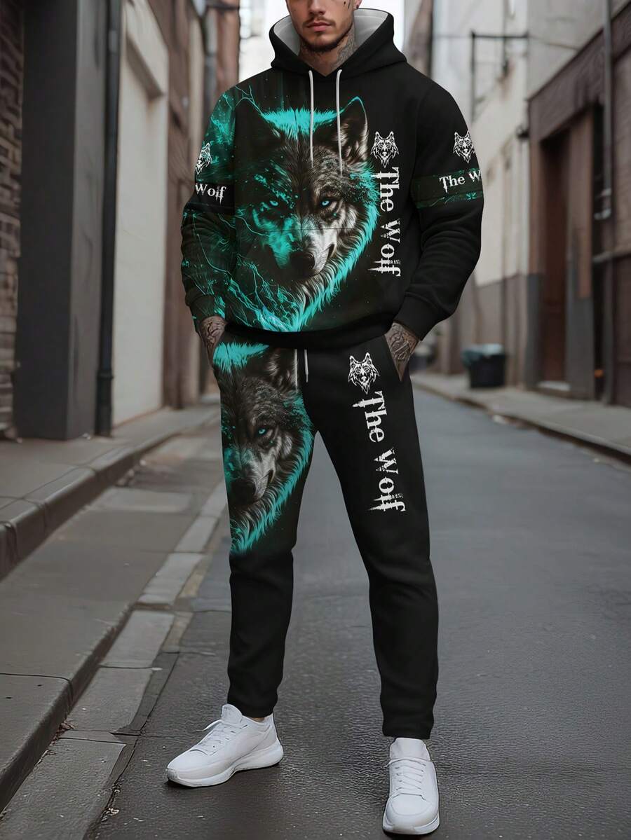 Men's The Wolf Letter Print Hoodie And Sweatpants 2 Pieces Set, Casual Fashion For Autumn/Winter