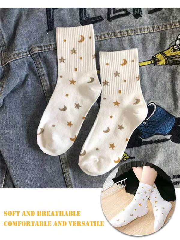1 Pair Shiny Starry Sky Socks For Women, Warm & Breathable Mid-Calf Sports Socks, Collegiate Style For Autumn/Winter