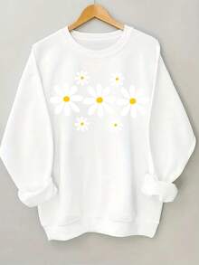 Sweatshirt Letter Print Plus Size Ladies Round Neck Sweatshirt, Long Sleeve Comfortable Cotton Sweatshirt - White - View 7