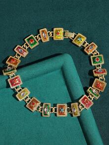 Conjunto de joyería vintage con acabado envejecido de collar y pulsera de cobre chapado en oro de 18K con diseño geométrico cuadrado de esmalte en relieve, accesorios para bodas