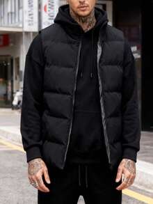 秋冬季欧美风立领黑色羽绒背心，街头风保暖无袖外套 - 黑色 - 查看 3