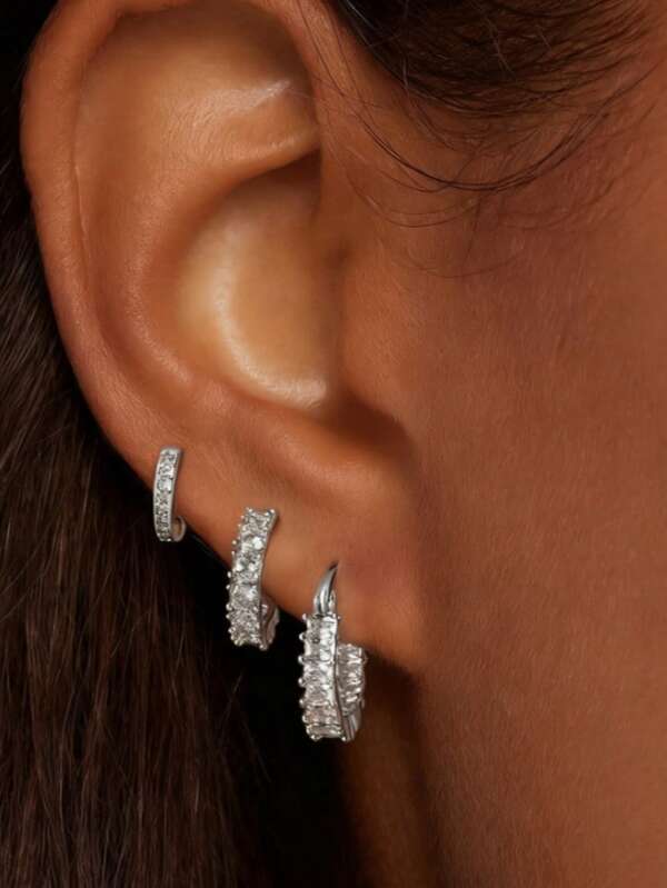 Set de 3 piezas de pendientes de aro rectangular con circonita cúbica de moda, pendientes de oreja personalizados para uso diario de mujeres