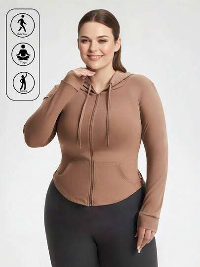 Plus Size Women's Christmas Sports Outfit - Long Sleeve Running Outdoor Sports Casual Slim Fit Yoga Hooded Pocket Drawstring Zip-Up Cardigan Jacket