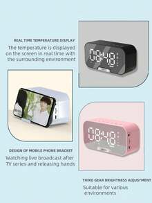 AKKHOO 无线蓝牙音箱带镜面显示，卡槽闹钟，手机支架，实时温度显示，双闹钟模式，多功能蓝牙音箱 - 黑色 - 查看 6